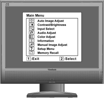화면이미지조정하기 전면제어패널의버튼을사용하여화면에나타난 OSD 제어를화면에표시하고조정합니다. OSD 제어는다음페이지의상단에설명이있고, 12 페이지의 "Main Menu ( 메인메뉴 ) 제어 " 에정의되어있습니다.