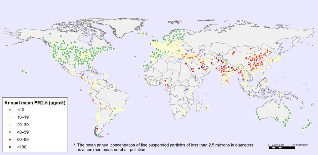 [ 그림 2] 주요대도시의 농도 (2008-2015) 주 : 농도는주요대도시의연평균농도를의미함. 자료 : 세계보건기구 (WHO), Global Health Observatory Map Gallery, 2016. http://gamapserver.who.int/maplibrary/files/maps/global_pm25_cities_2008_2015.