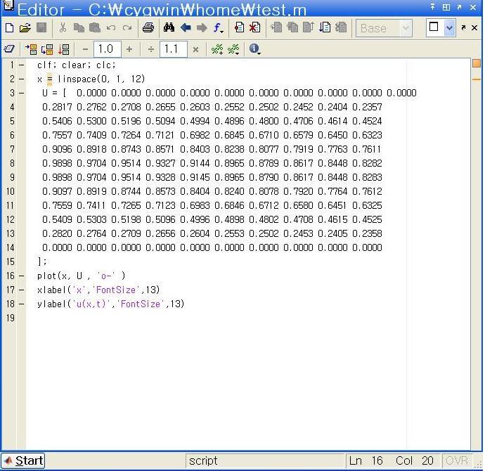 fprintf(fp, "clf; clear; clc; \n"); fprintf(fp, "x = linspace(0, %d, %d)\n ", L, N); fprintf(fp, "U = [ "); for (i = 0; i <= (N - 1) ; i++) for (j = 0; j < Nt; j++) fprintf(fp, " %0.