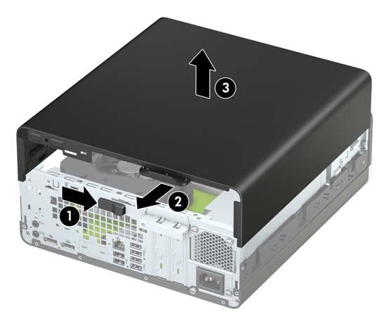 컴퓨터액세스패널분리 내부구성요소에액세스하려면다음과같이액세스패널을분리해야합니다. 1. 컴퓨터를열지못하게하는모든보안장치를제거 / 분리합니다. 2. 컴퓨터에서모든이동미디어 ( 예 : CD 또는 USB 플래시드라이브 ) 를제거합니다. 3. 운영체제를통해컴퓨터를적절히종료한후모든외부장치의전원을끕니다. 4. AC 콘센트에서전원코드를분리하고외부장치를모두분리합니다.