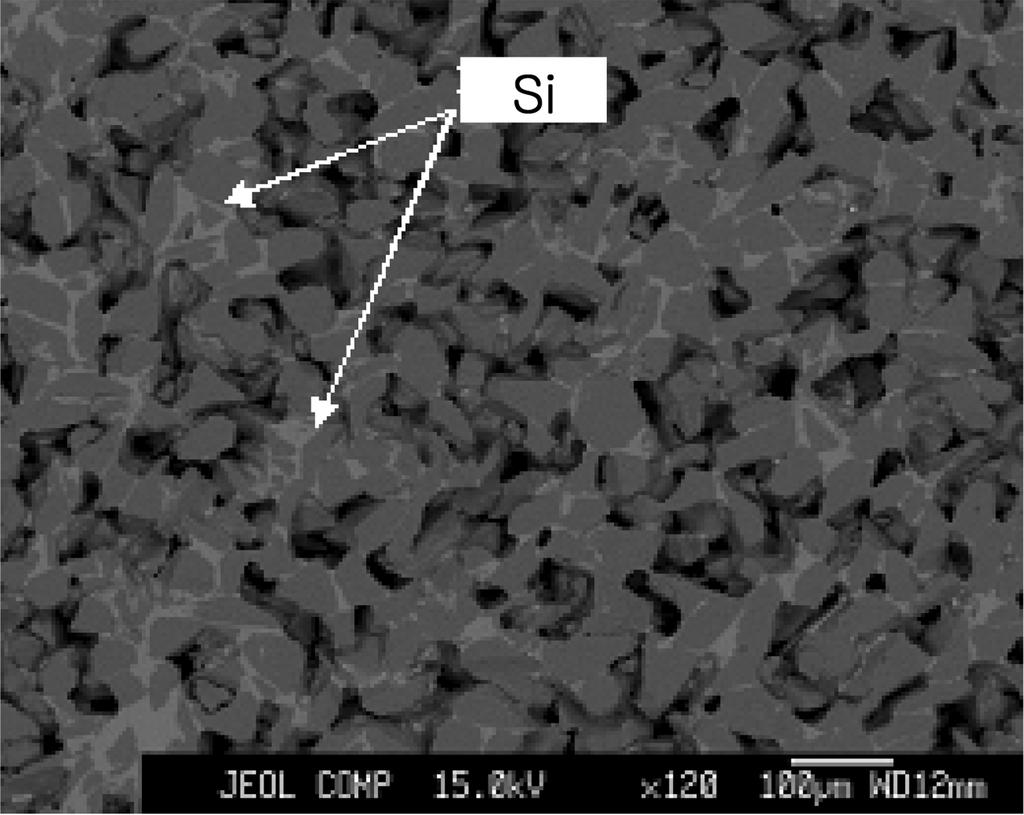 조경선 김규미 박상환 537 Fig. 4. Back scattered electrn image supprt layer fabricated by Si melt infiltratin prcess.