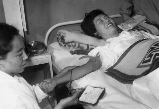 3 박정희 대통령이 적십자 총재에게 보내 준 이동 채혈차에서 한 남학생이 헌혈을 하고 있다.