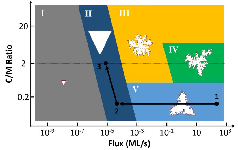Fig. 6. KMC simulations for WSe 2 monolayer predict the flake morphology phase diagram as a function of growth conditions. [6] c IOP Publishing. Reproduced with permission. All rights reserved. Fig.