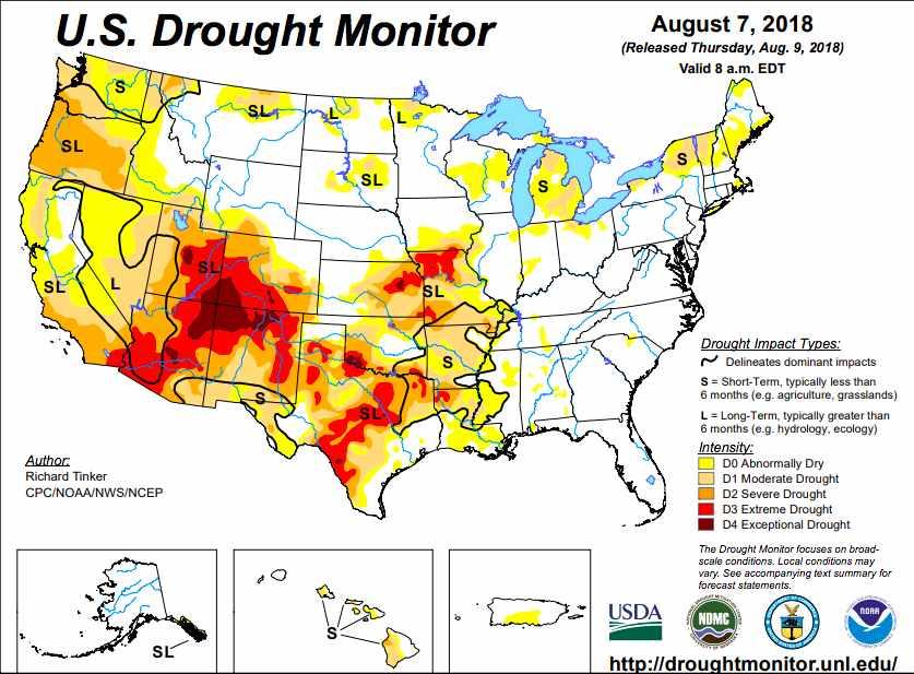 해외곡물시장동향해외곡물산업포커스해외곡물시장브리핑세계농업기상정보부록 평균기온이평년에비해최소 5 F 이상높았고, 덥고건조한날씨로인해캘리포니아북부와북서부일대에서는크고작은산불이잇따랐다. 8월중순, 중부와동부일대에서는곳곳에서소나기가내렸다. 텍사스와미시시피강하류지역등한동안가뭄에시달렸던지역에서도비가내려가뭄을어느정도해소해주었다.
