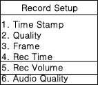 - 8-2-2-5. Rec Volume ( 녹화음성 ) 이모드에서녹화전볼륨의크기를결정할수있습니다. a. Record Setup 모드에서 & 를사용하여 5. Rec Volume 을선택합니다. -> M 을눌러선택합니다. b. & 를사용하여음성크기를선택합니다. ( 음성범위 : 1 ~ 3 ) -> M 을눌러저장합니다.