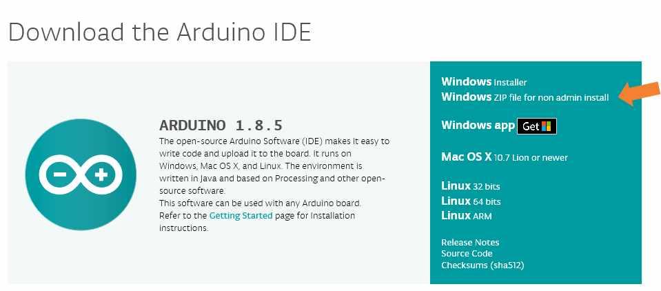 Arduino IDE 다운로드화면에서두번째항목인 Windows ZIP file for non admin install 항목을클릭한다. Windows 용설치파일의비교 Windows Installer USB 드라이버까지자동으로설치해준다.
