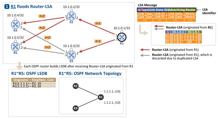 OSPF 토폴로지 (2) R1 이자신의링크정보를다른 OSPF 라우터들로전파 이를수신한 R2, R3 는 Router-LSA 가수신된링크를제외한나머지링크로 Router-LSA 를 flooding R4