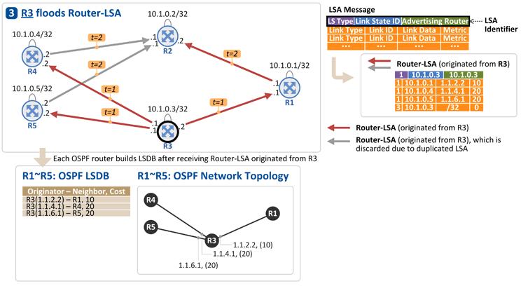 OSPF 토폴로지 (4) R3 가자신의링크정보를다른 OSPF 라우터들로전파 이를수신한 R1, R4,
