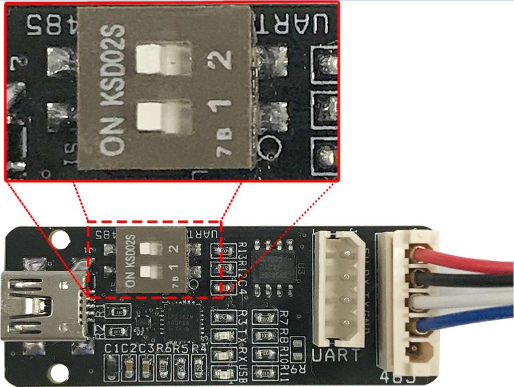 USB Converter 와센서모듈연결방법및주의사항 DTPA-UART-3232 제품과연결시 ( 본 TestKit 에해당됨 ) 2 개의스위치전부 ON 반대방향으로위치 DTPA-485-3232 제품과연결시 2 개의스위치전부 ON 방향으로위치 DTPA-UART-3232