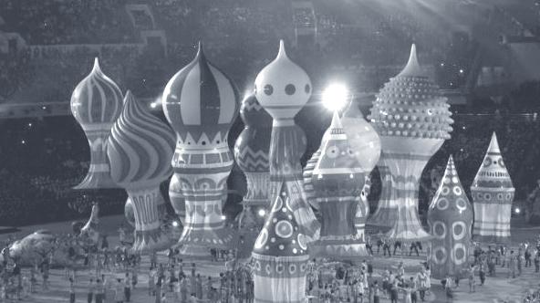 2014 소치 동계 올림픽 개막식의 한 장면 출처: www.gazeta.ru 시테인(Эйзенштейн), 낙하산(Парашют), 그리고 러시아(Россия)에 이르 는 목록을 보면 21세기 현재 러시아인이 공통으로 인식하는 자국문화의 최 대공약수가 잘 정리되어 있음을 볼 수 있다.