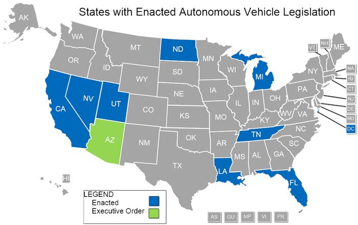 기획시리즈 -ICT 융합 : 제조 < 자료 > NCSL 홈페이지 (www.ncsl.org) [ 그림 2] 미국의자율주행자동차관련주법제정현황 제정된캘리포니아주의 자동차법 (Vehicle Code) 을살펴보도록한다.