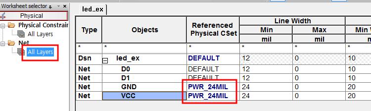 Physical CSet 셀에서 PWR_24MIL 로지정한다.