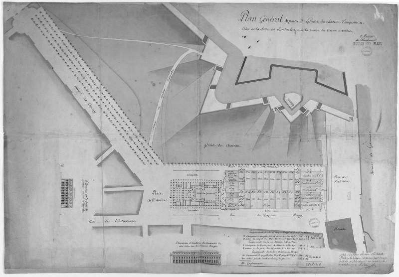 18세기 중반 프랑스 극장 건축에 관한 연구 47 [그림 12] 보르도 극장 블록 배치 상세도, 1773, 아래 부분 중앙의 직사각형태가 극장 (Archives