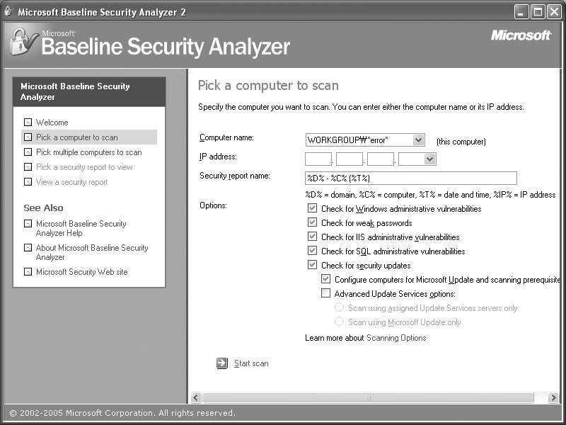 제 3 장침해사고분석기술 Microsoft에서제공하는 Microsoft Baseline Security Analyzer를이용하여보안패치상태, IIS, SQL 보안상태를점검할수있다. < 그림 3-20> MBSA 를이용한보안상태확인 바.