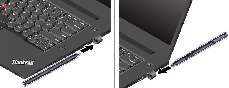 펜페어링 ThinkPad Pen Pro 는펜홀더가함께제공됩니다. 컴퓨터에 ThinkPad Pen Pro 를보관하려면다음과같이하십시오. 1. 컴퓨터의 USB 커넥터에펜홀더를삽입합니다. 2. 그림과같이어떤방식으로든펜홀더에 ThinkPad Pen Pro 를삽입하십시오.