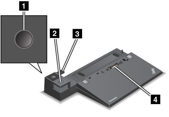 ThinkPad Basic Dock 앞면 1 전원버튼 : 전원버튼을눌러컴퓨터전원을켜거나끕니다. 2 꺼내기버튼 : 꺼내기버튼을눌러도킹스테이션에서컴퓨터를제거할수있습니다. 3 슬라이딩조절기 : 도킹스테이션을연결할때슬라이딩조절기를가이드로사용하여도킹스테이션커넥터에컴퓨터를맞춥니다. 4 도킹스테이션커넥터 : 컴퓨터를연결하는데사용됩니다.