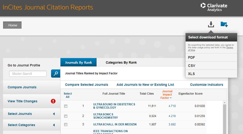 특정저널의 Impact Factor 검색 Go to Journal Profile 메뉴에서저널명, ISSN 을입력하여검색후, 연도별 Journal Impact Factor 와 Eigenfactor 등주요저널관련지수를확인가능하다.