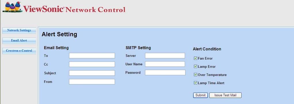 4. 프로젝터가 SMTP (Simple Mail Transfer Protocol) 를지원하는네트워크에연결되어있으면중요이벤트가있을때이메일을통해경고를보내도록구성활수있습니다. 5. Crestron (e-control) 페이지에 Crestron e-control 사용자인터페이스가표시됩니다.