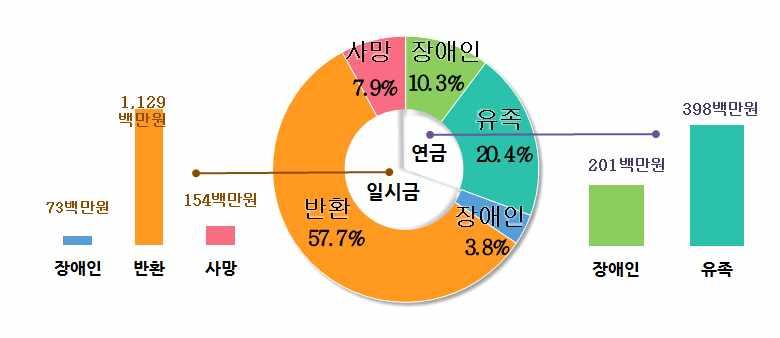 14) 국민연금급여종류별수급현황 청년국민연금수급액은 일시금 13 억 56 백만원, 연금 5 억 99 백만원 임 년청년국민연금수급액은 일시금 억 백만원 명 연금 억 백만원 명 으로총 억 백만원임 연금은 유족연금 억 백만원 명 장애연금 억 백만원 명 순으로수급됐고 일시금은 반환 억 백만원 명 사망 억 백만원 명 장애인 백만원 명 순으로수급함 반환일시금 은