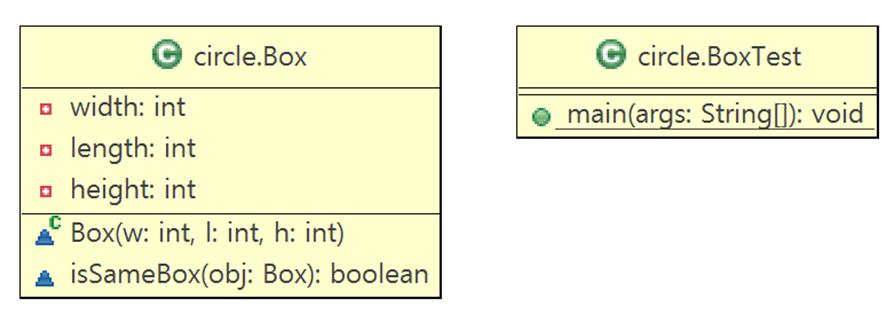 예제 15. 같은크기의 Box 인지확인하기 2 개의박스가같은치수인지를확인하는메소드 issamebox() 를작성하여보 자.