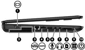 왼쪽옆면 구성요소 설명 (1) 외장모니터포트외장 VGA 모니터또는프로젝터를연결합니다. (2) 통풍구통풍구는공기를유입시켜내부부품의온도를낮춰줍니다. 참고 : 컴퓨터팬은자동으로작동되어내부부품을냉각시키고과열을방지합니다. 일상적인작동중내부팬이돌아가고멈추는것은정상적인현상입니다. (3) RJ-45( 네트워크 ) 잭네트워크케이블을연결합니다.