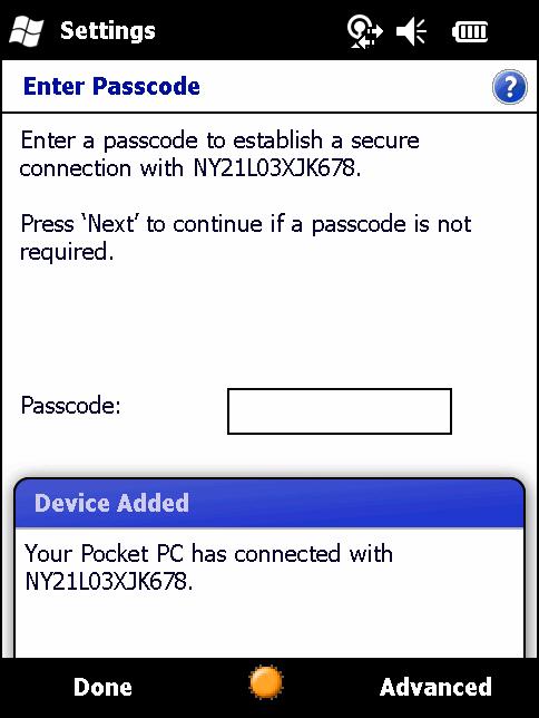 6-8 MC75A 기업용디지털단말기사용설명서 그림 6-6 Bluetooth 연결구성 패스코드를입력하라는메시지가나타납니다. 장치에특정패스코드가있는경우 Passcode( 패스코드 ) 필드에해당패스코드를입력하고다음을누릅니다. 장치에특정패스코드가없는경우 Passcode( 패스코드 ) 필드에임의의패스코드를입력하고다음을누릅니다.
