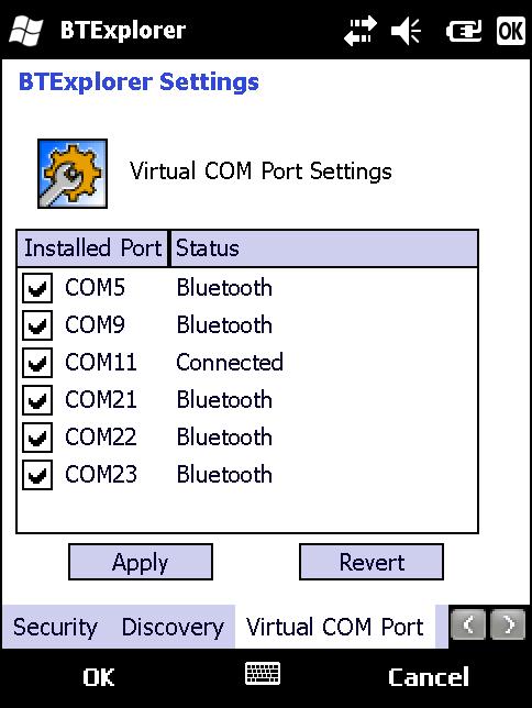 Bluetooth 사용 6-45 Virtual COM Port( 가상 COM 포트 ) 탭 BTExplorer 가가상 COM 포트로사용할 COM 포트를정의합니다. 포트를가상 COM 포트로사용하려면적절한확인란을선택합니다. 선택을마치면 Apply( 적용 ) 를선택하여변경내용을적용하거나 Revert( 복원 ) 를선택하여원래설정을복원합니다.