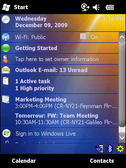 클래식형식의오늘화면 사용자는오늘화면을 Windows Mobile 6.1 에사용되는클래식레이아웃형식으로바꿀수있습니다.