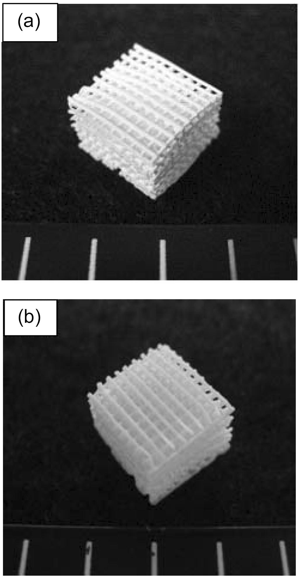 Photographs of 3-D (a) n-ha/pcl, (b) m-ha/pcl scaffold. Figure 3. XRD spectra of (a) nano-ha, (b) micro-ha.
