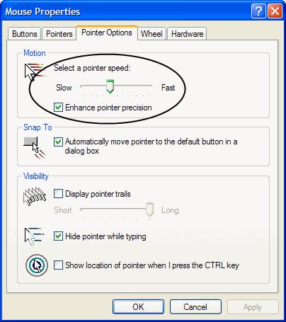 부록 2. Windows XP / Windows Server 2003: a) 마우스속성대화상자를여십시오. ( 제어판 마우스 ) b) 포인터옵션탭을클릭하십시오. c) 마우스속도를중간위치에설정하십시오. ( 왼쪽에서 6번째 ) d) 포인터정확도향상을사용하지않도록하십시오. 3. Windows ME: 마우스속도를중간위치에설정하십시오.