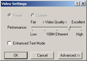 5 장. 클라이언트뷰어 비디오설정 조절하도록합니다. Video Settings 대화상자는모니터에나타나는원격화면의위치및품질을 조절옵션은다음과같습니다. 옵션 사용 클릭하면비디오설정대화상자의투명도를제어합니다. Performance Enhanced Text Mode Advanced 지역클라이언트컴퓨터와 CN8600간에존재하는인터넷연결타입을선택합니다.