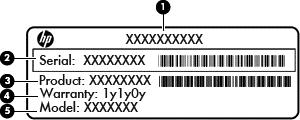 레이블 컴퓨터에부착되어있는레이블은시스템문제를해결할때나해외여행에컴퓨터를휴대하려할때필요할수있는정보를제공합니다. 서비스레이블 다음과같은중요정보를제공합니다. 구성요소 (1) 제품이름 (2) 일련번호 (s/n) (3) 부품번호 / 제품번호 (p/n) (4) 보증기간 (5) 모델설명 ( 일부모델만해당 ) 고객서비스센터에문의시이정보를준비하십시오.
