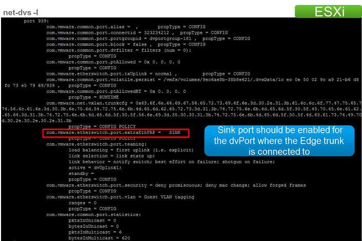 d e Allow Forged Transmits: dvswitch 속성이 L2 VPN 트렁크포트로설정되어있는지확인합니다. 싱크포트가 L2 VPN 트렁크포트로설정되어있는지확인합니다. 이렇게하려면호스트에로그인하고 net-dvs -l 명령을실행합니다. L2 VPN Edge 내부포트에대해설정된 SINK 속성 (com.vmware.etherswitch.port.
