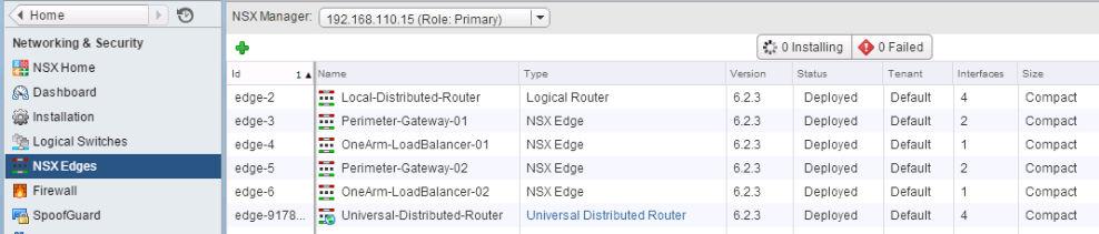 VTEP의수가 dvuplink의수와같아야합니다. 유효한 / 예상된 IP 주소가나열되는지확인하십시오. 일부클러스터에서 DLR이누락되는상황을피하려면전송영역이 DVS 경계에맞춰올바르게정렬되어야합니다. NSX Edge UI NSX 라우팅하위시스템은 UI 의 NSX Edge 섹션에서구성되고관리됩니다. 이 UI 부분을선택하면다음보기가나타납니다.