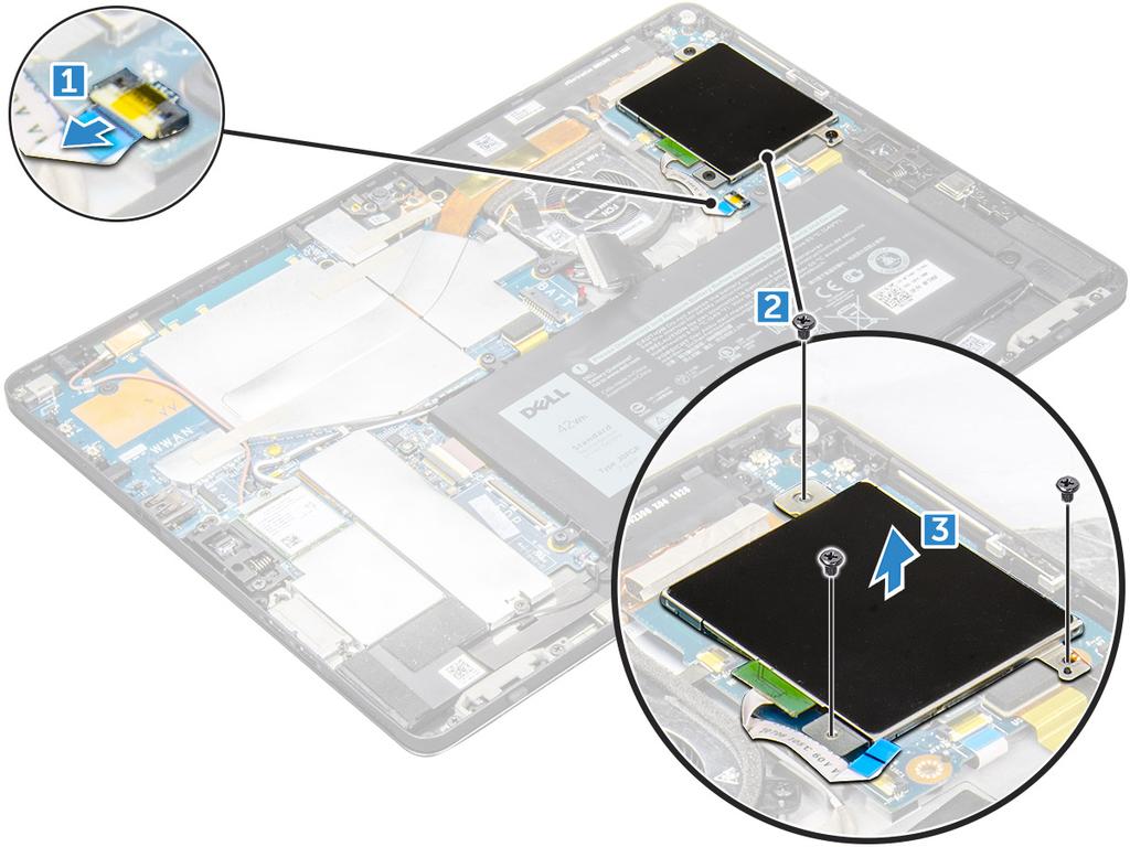 b 노트 : usim 카드슬롯은 WWAN 모듈과함께제공되는태블릿에서만사용할수있습니다. 디스플레이패널 3 케이블을분리하려면 : a 스마트카드케이지에서스마트카드케이블을분리합니다 [1]. b 스마트카드모듈에서의 M2.0X2.5 나사를분리합니다 [2]. c 스마트카드케이지를태블릿에서들어올립니다 [3].