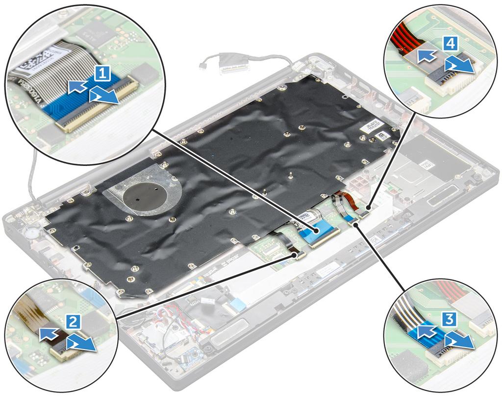 b c d e f g h 배터리메모리모듈 PCIe SSD WLAN 카드 WWAN 카드방열판조립품시스템보드 3 손목받침대끝에서케이블을분리합니다.