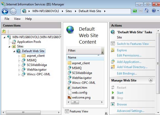 설명서 4.3 WebNavigator 시스템구성 Windows 7/2008 에서의절차 1. Windows 시작메뉴에서 " 프로그램 > 관리 > 인터넷정보서비스 (IIS) 관리자 " 를선택한다. 2. " 연결 " 필드에컴퓨터이름을입력한다. 3. " 기본웹사이트 " 를클릭한다. 4. 웹페이지의보기를확인한다.