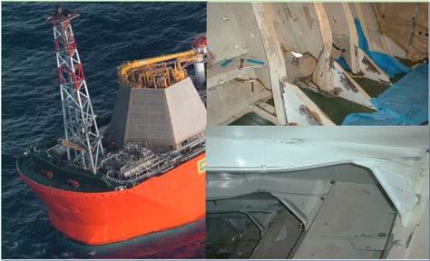 1 Ship-type turret moored BP Quad 204 FPSO Fig. 2는 Schiehallion FPSO 의선수부손상모습을나타낸것으로 1998 년부터상업운용을시작한이후약 10 년간각종선체손상이보고되었으며충격압에의하여선수루갑판 (forecastle deck) 상부의외판과웨브손상도포함하고있다 (Gorf, et al.
