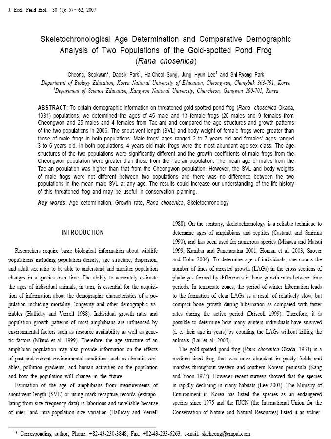 연구성과요약문 4 Skeletochronological Age Determination and Comparative Demographic 제목 Analysis of Two Populations of the Gold-spotted Pond Frog (Rana