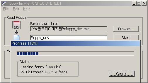 3 장. 복구콘솔 77 누르면이미지생성작업이이루어진다. [ 그림 3-27] 플로피이미지툴을통해서이미지작업중 5. 이미지를저장한폴더에는 floppy_dos.exe 파일이생성될수있으며, 이 파일만으로이제도스부팅디스크를얼마든지제작할수있다. 페이지파일에러로부팅이되지않을때, 페이지파일을지우는방법 간혹페이지파일문제로부팅이되지않는경우가발생한다.