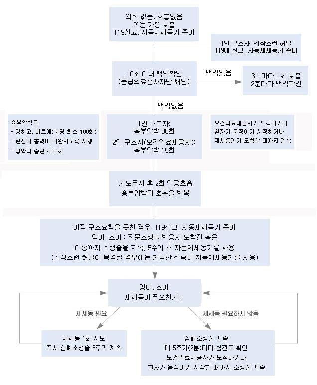 그림 2. 소아기본소생술 1) 구조자와환자의안전소생술전에구조자와환자가있는곳의안전이확보되어야한다. 경우에따라환자안전을위해서장소를옮길수있다. 심폐소생술과정에감염성질환이전염될가능성이있지만그위험도는매우낮다고알려져있다.