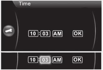 03 운전환경 계기와컨트롤 시계 6. TUNE 을돌려 OK 박스를선택하고 OK/MENU 를누르면시계맞추기가완료됩니다. SettingsèSystem optionsètime format 에접속하여시간표시형식을 24 시간형식과 12 시간 (AM/ PM) 형식가운데서선택할수있습니다.