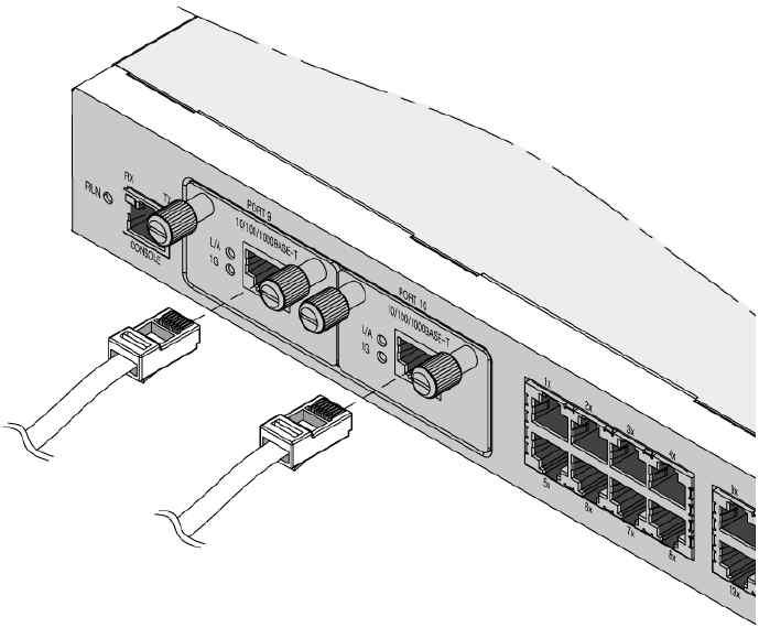 6) 10/100/1000Base-T 포트연결가 ) 사용자는스위치의 10/100/1000Base-T 포트의옵션모듈을선택하여다른스위치의 10/100/1000Base-T 포트와연결할수있다. 나 ) 10/100/1000 Base-T 포트는 10/100Base-TX와같은 RJ-45 커넥터의 UTP 케이블 (Cat.5(e) 이상 ) 을사용한다.