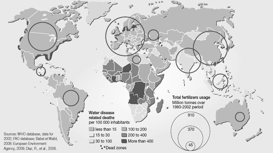 112 한국의대아프리카환경개발협력추진방안 [ 그림 2-22] 는물과관련된질병으로인한사망빈도수를지역별로나타내고있다. 대부분의지역은물과관련된질병으로인한사망자수가 10만명중 15명이하로, 공중보건측면에서눈에띄는진보를보인반면, 지도상붉은색을띄는유일한지역인아프리카에서는심한경우매년 10만명중 400명이상의인구가물과관련된질병으로사망하고있다. 114) 그림 2-22.