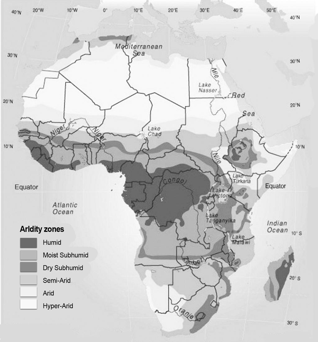 68 한국의 대아프리카 환경개발협력 추진방안 려도 제기되고 있다. 그리고 이에 앞서 2025년에는 아프리카 인구의 85%가 농경 지 부족을 겪게 될 것이라는 전망도 대두되고 있다38). 그림 2-9. 아프리카의 건조지대 자료: UNEP; GRID(2002), Vital Climate Graphics in Africa. (http://www.grida.