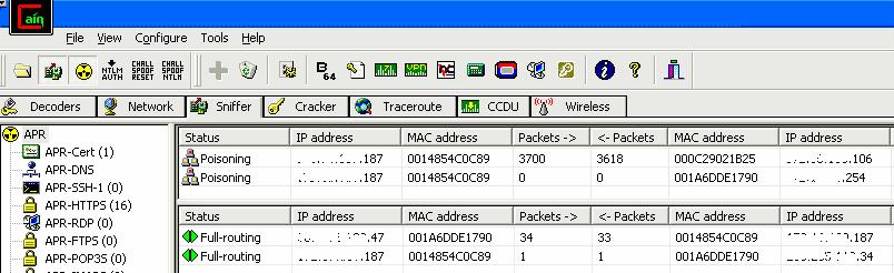 - APR(ARP Poison Routing) - SID Scanner - Network 정보수집 - 스니퍼 패스워드, hash 값캡쳐, VoIP SIP/RTP 프로토콜음성대화캡쳐 - 라우팅프로토콜모니터 - Mac Address 스캐너 - 무선