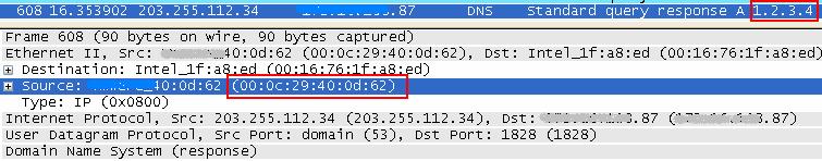 [ 그림 4-10] MITM 공격의결과 MITM 공격으로인해 DNS 서버 (203.255.112.34) 피해시스템 (87 번 ) 으로의 DNS 응답패킷 이공격시스템 (103 번, MAC: 00-0c-29-40-0d-62) 을경유하는것을알수있다.