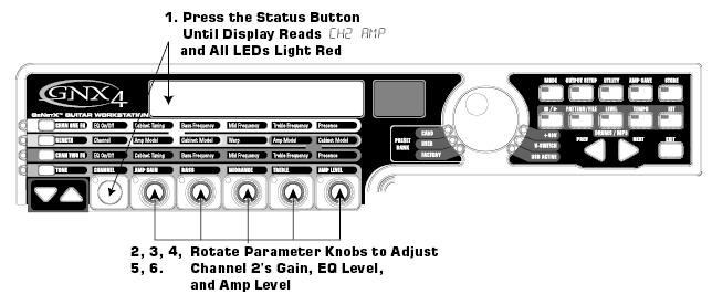 1. 채널 2의파라미터를선택하기위해서는 status버튼을 3 번누르십시오. 화면에 CH2 AMP" 라고표시되며다섯개의노브의 모두적색불이들어오며채널 2 를위해조정됩니다. 2. 1노브를게인을위해사용됩니다. 범위는 0-99 3. 2노브는 Rectified 앰프의 Bass EQ 를조정하는데사용됩니다. 범위는 -12dB 부터 +12dB 까지입니다. 4.