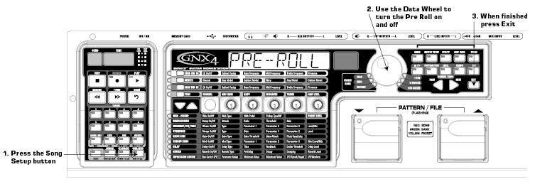Pre-Roll Pre-Roll 이란녹음을시작하기전에레코더가카운트하는양입니다. Pre-Roll 동안에클릭트랙을사용하면당신이녹음하려던 song 이나트랙의박자감을가질수있을것입니다. Pre-Roll은 song의처음시작을알리는 cue 로도사용될수있습니다. GNX4 의 Pre-Roll은 Off, 3, 4, 8 혹은 16카운트의 5 가지세팅이있습니다.