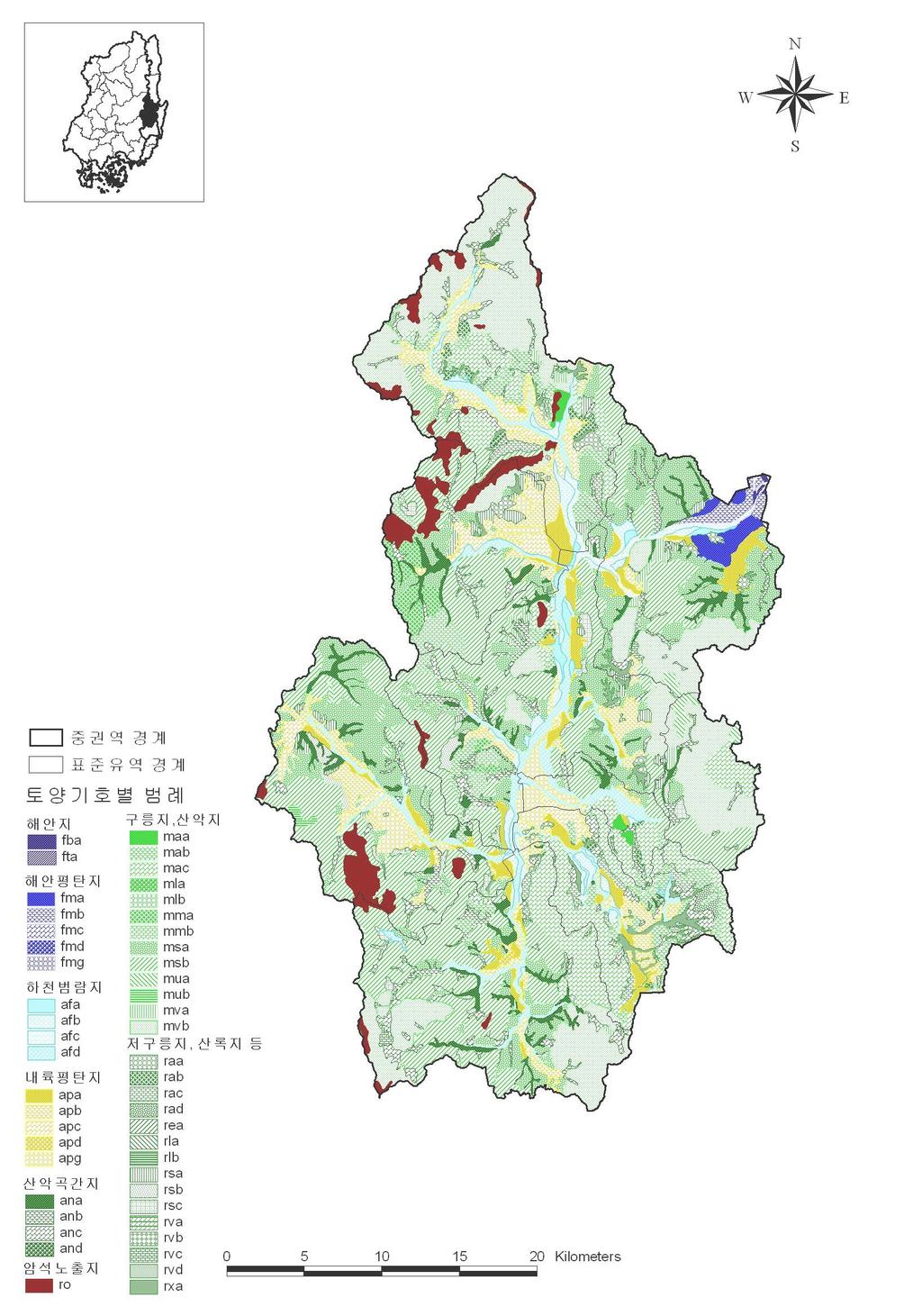 매우양호한지역의토양비율은 47.5% 로낙동강권역평균보다낮게 나타남. 암석노출지는중권역면적의 3.